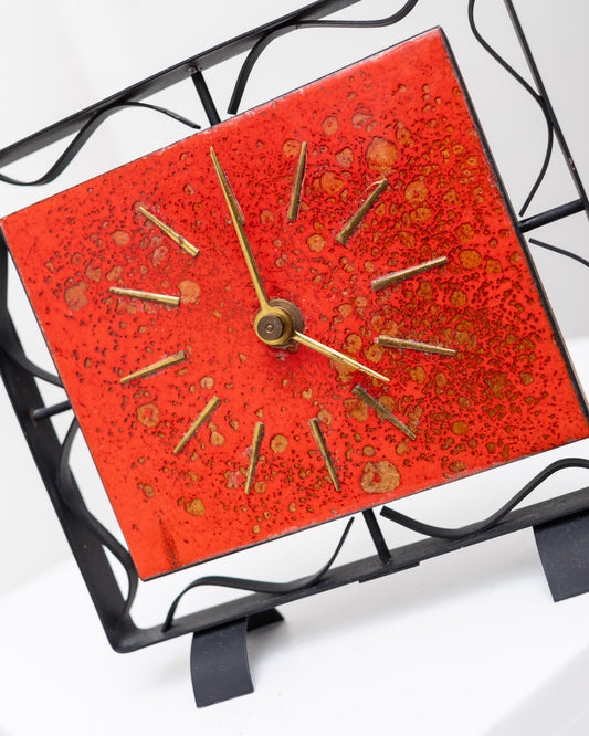 Vintage mantel clock red enamelled metal by VEB Elektrobau Greiz 1960s