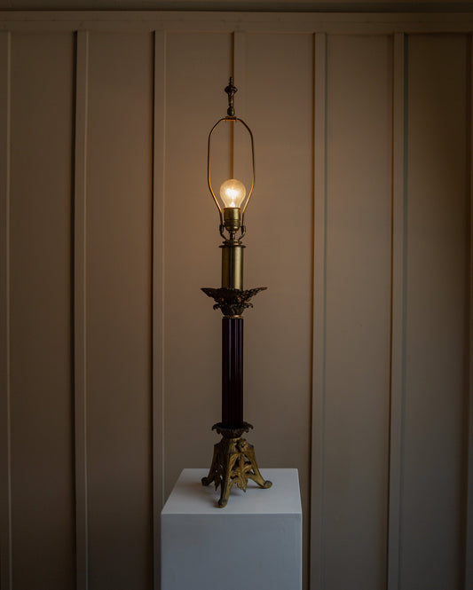 Vintage Tischlampe Messing dunkelrot Glas Empire Design USA 1910