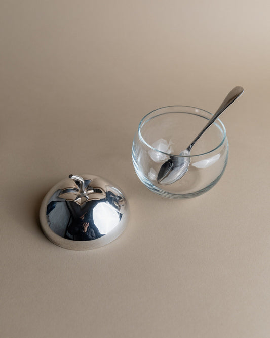 Vintage glass jar apple shape silver plated with spoon England 50s