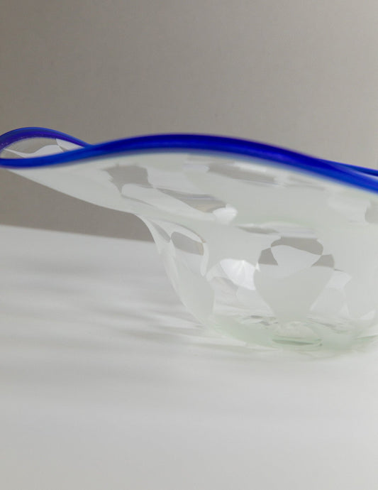 Vintage Murano Glass Bowl Checkered Blue Wave Edge Mid Century Design 1990s
