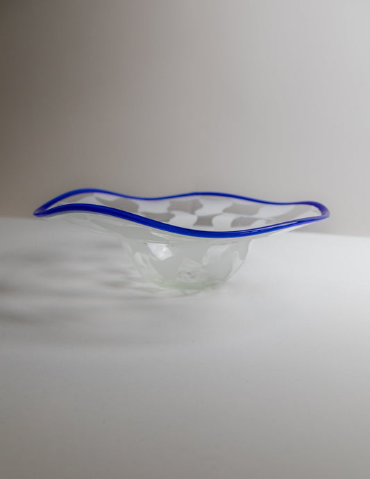 Vintage Murano Glass Bowl Checkered Blue Wave Edge Mid Century Design 1990s