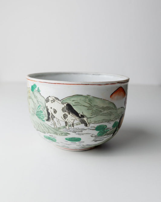 Vintage Blumenvase chinesisches Motiv handbemalt Pferde Figuren China 1950er