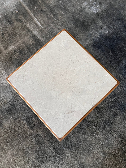 Cube table in oiled oak and light grey marble