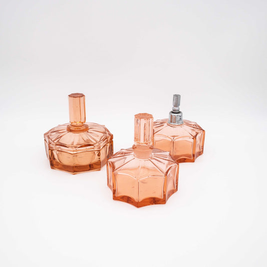 Vintage Toilettengarnitur aus Glas in Rosa, 3-teilig
