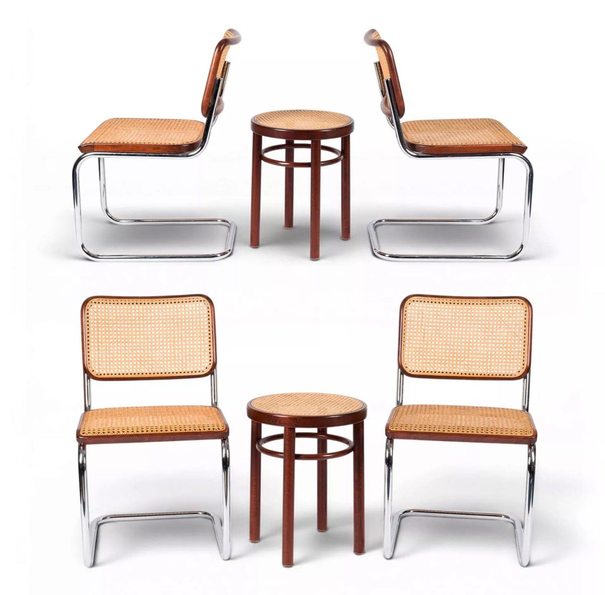 Set von 2 Vintage Hocker 214 mit Wiener Geflecht von Thonet