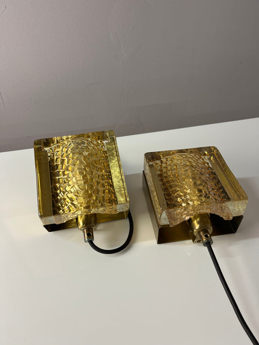 Vintage Wandlampe Kalmarlampet 17205 von Vitrika gold Messing Glas Set von 2