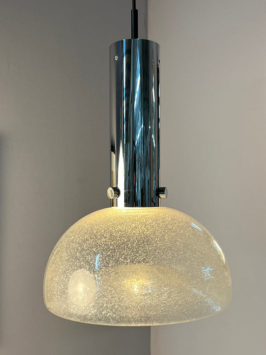 Vintage Hängelampe von Herbert Proft für Glashütte Limburg Eisglas Chrom groß