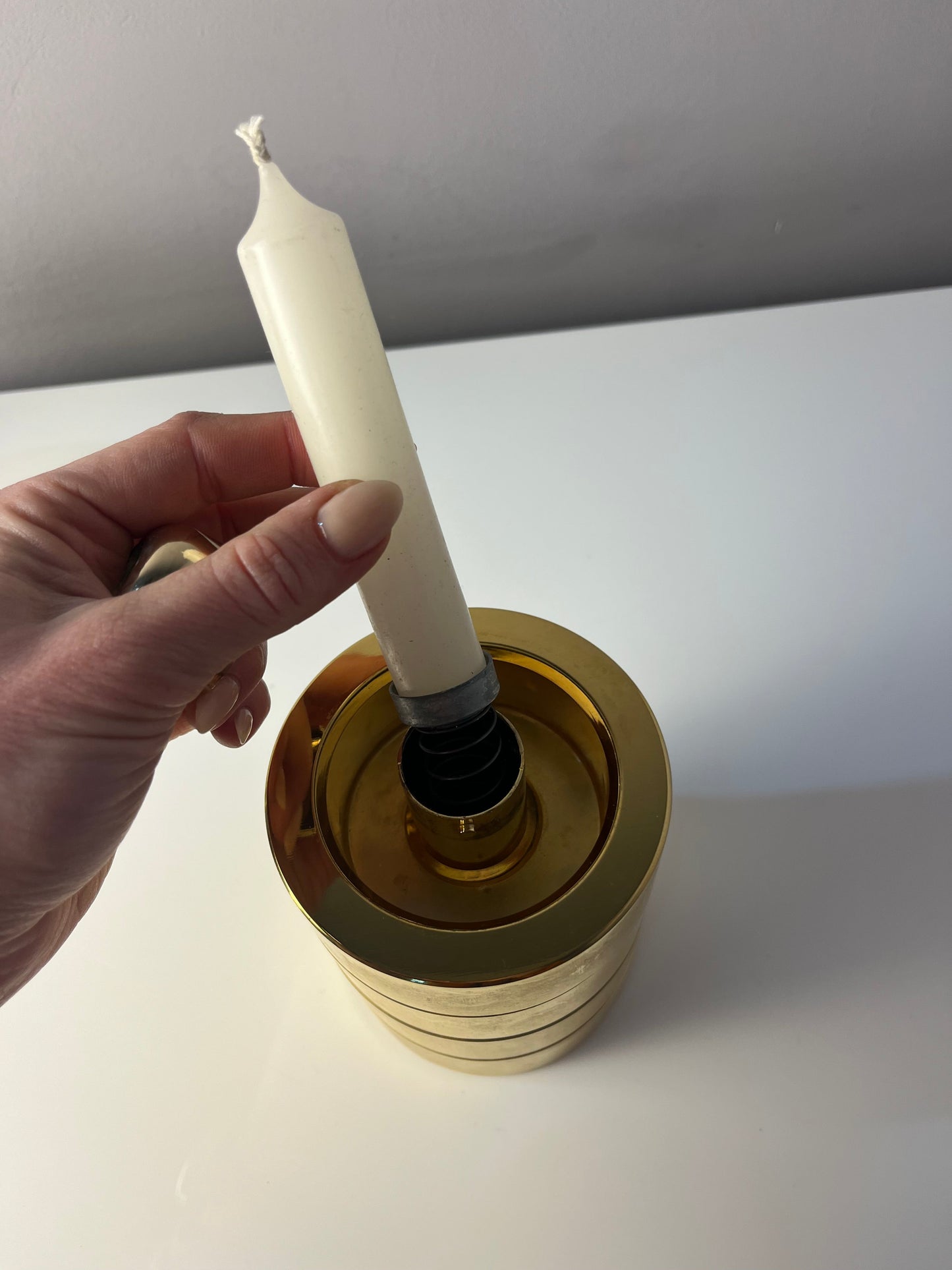Vintage Kerzenständer von FÖHL für FÖHL Federmechanik Rauchglas Messing