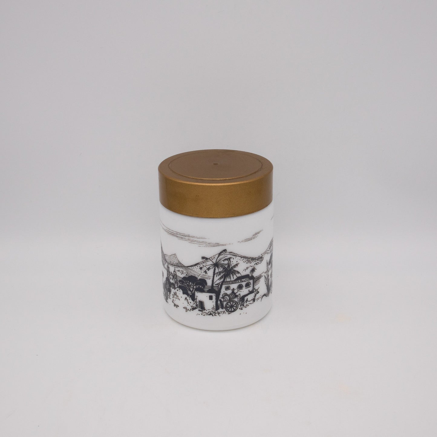 Vintage Vorratsdose Opalglas mit Dorfszenerie, 1970er Jahre