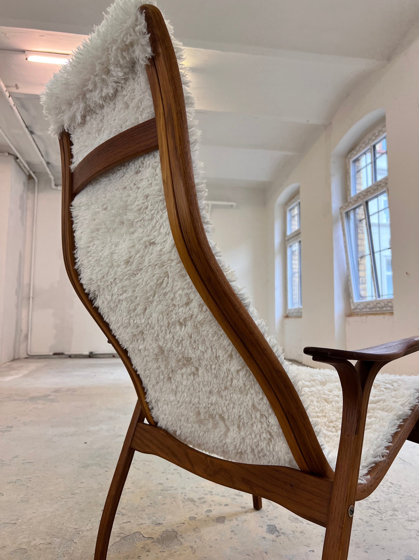 Vintage Sessel Lamino von Yngve Ekström für Swedese Kunstfellbezug beige, braun