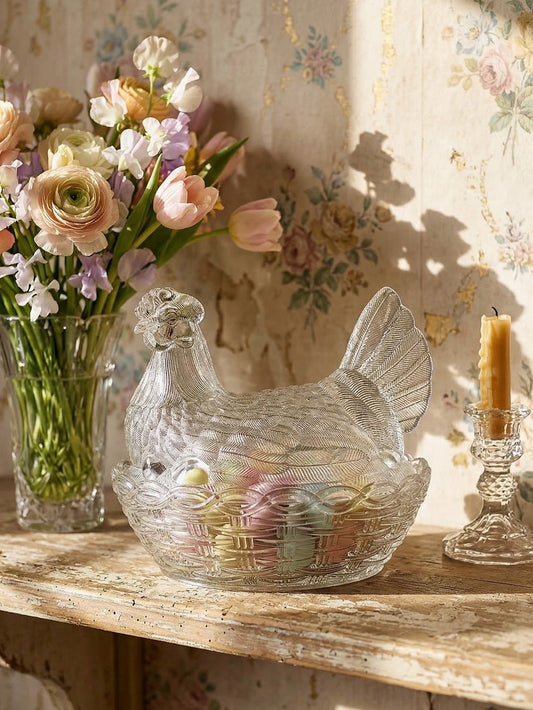 Vintage Bonbonniere Huhn aus gepresstem Glas, antik, frühes 20. Jh.