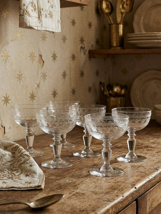 Vintage Champagnerschale Set von 6 Marie-Antoinette mit Sterngravur