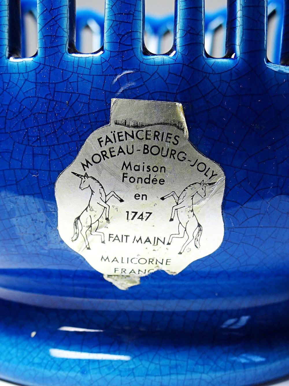 Vintage Cachepot von Moreau-Bourg-Joly für Faïenceries Moreau-Bourg-Joly blau paon