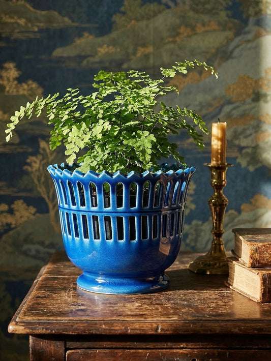 Vintage Cachepot von Moreau-Bourg-Joly für Faïenceries Moreau-Bourg-Joly blau paon