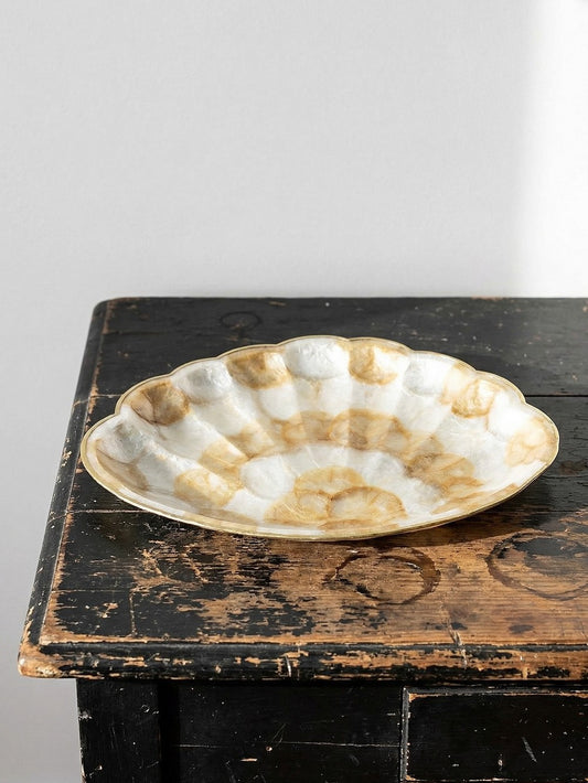 Vintage Servieraccessoire Perlmutt Muschel Tablett aus Messing bicolor Gold