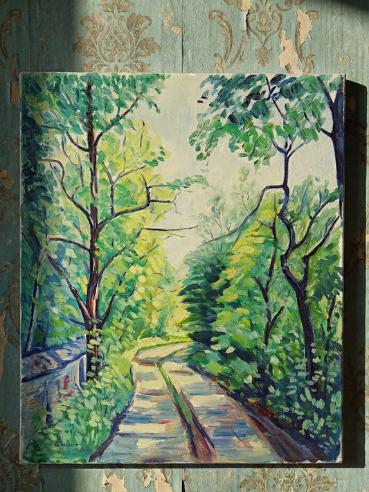 Vintage Gemälde Landschaft Dorf signiert von Jacques Gaulot für Gaulot, multicolor