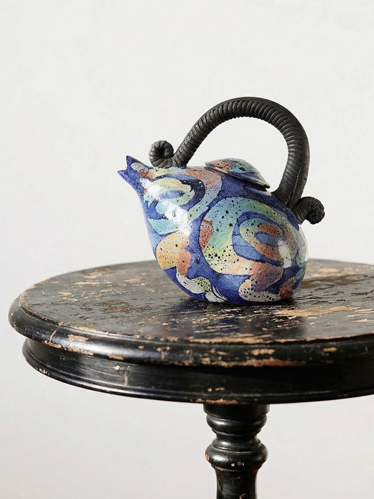 Vintage Teekanne von David Constantine White für US Studio Keramik blau schwarz bunt