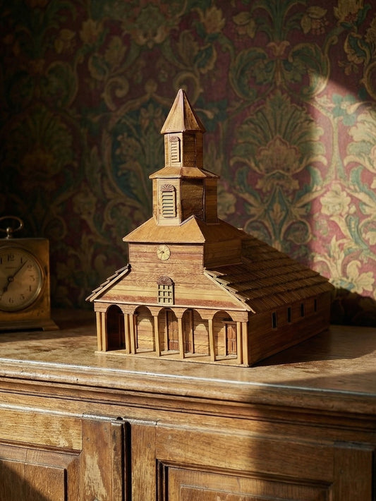 Vintage Kirchenmodell Iglesia Nercon Chiloe Chile Holz, Papier, Glas, grün, braun