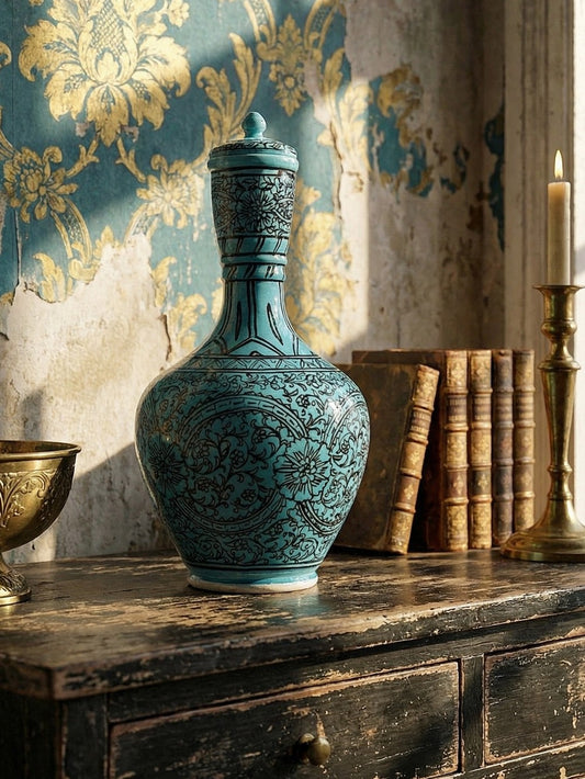 Vintage Vase Iznik Türkis von persisch Schwarzdekor Glasurkeramik