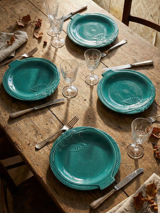 Vintage Teller Set von 5 mit Fischdekor türkis 1960er-70er Jahre