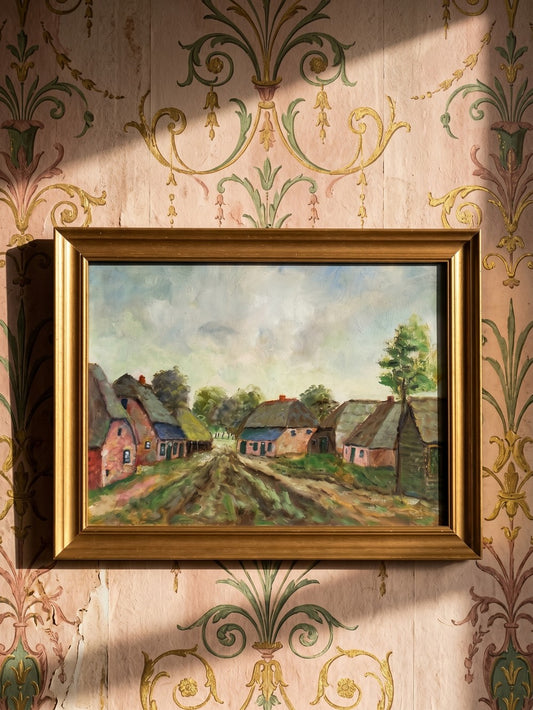 Vintage Gemälde Dorfszene auf Holztafel gerahmt