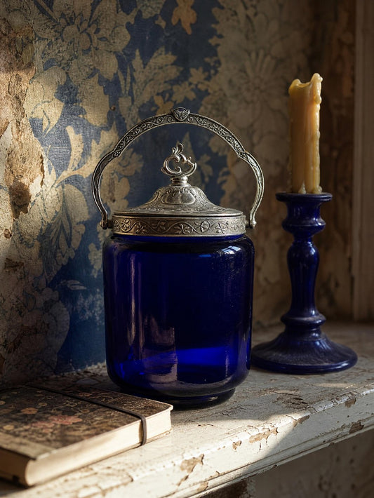 Vintage Bonbonniere blaues Kobaltglas versilbertes Metall