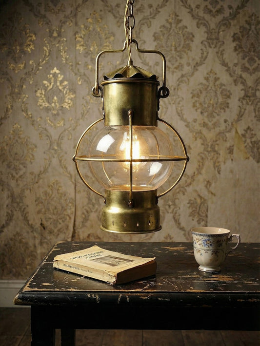 Vintage Marine-Laterne aus Glas und Messing, antik, muss neu verkabelt werden