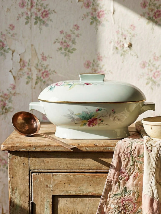 Vintage Terrine Orient von Limoges France Céladon Porzellan mit floralem Dekor, Goldrand