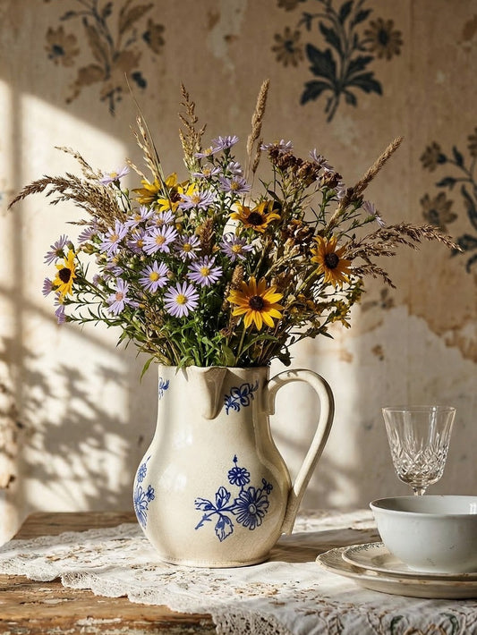 Vintage Krug blau creme faience Servieraccessoire blau creme