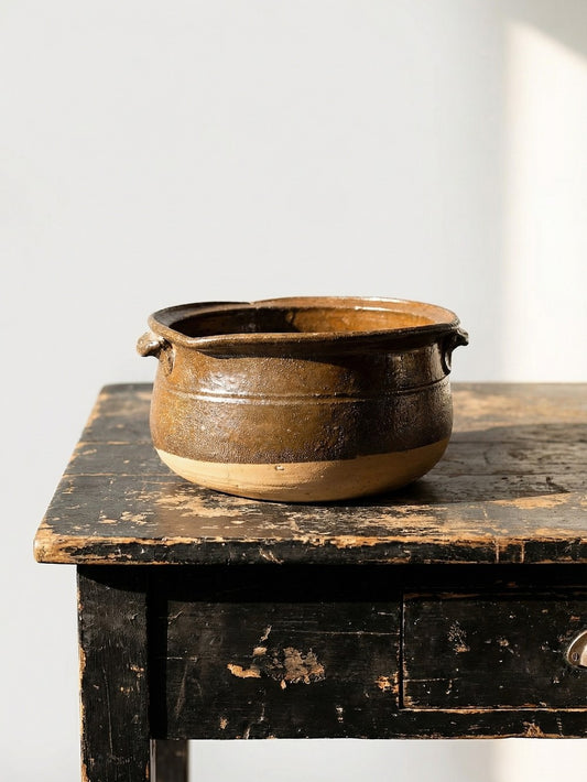 Vintage Servieraccessoire Puisaye Steinguttopf mit Henkeln gelb braun