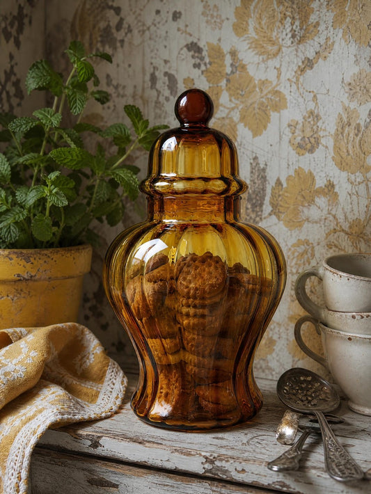 Vintage Bonbonniere aus mundgeblasenem Empoli-Glas, bernsteinfarben, Italien