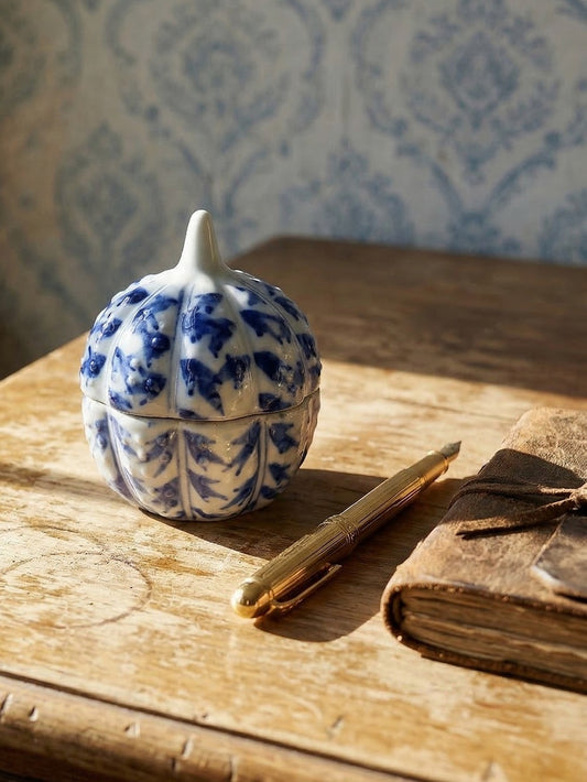 Vintage Schmuckdose Kürbisform Porzellan blau-weiß handbemalt Chinesisch