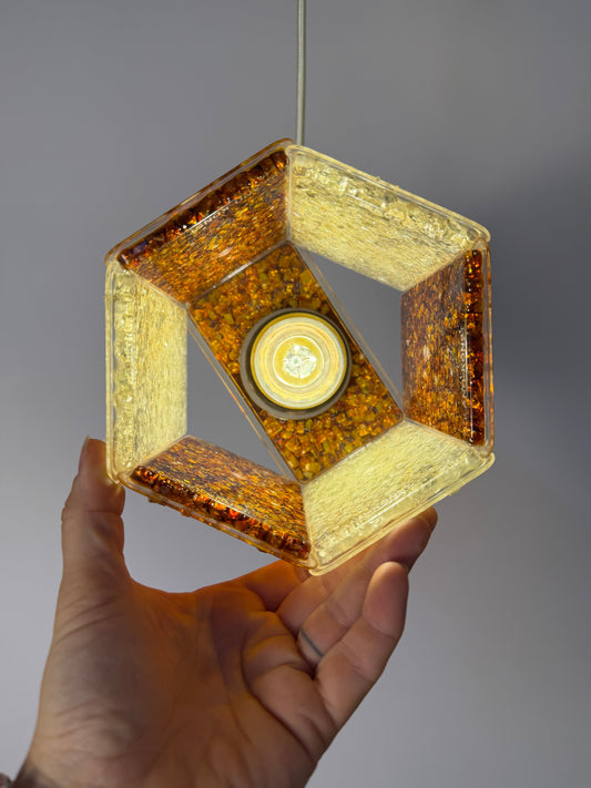 Vintage Hängelampe Hexagon von Roland Konst, Acrylglas Granitoptik braun weiß