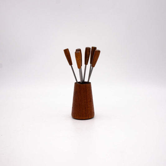 Set von 6 Vintage Cocktailspieß mit Teakholzhalterung