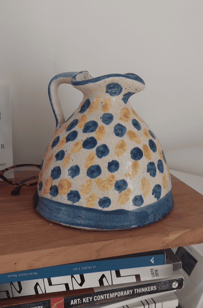 Vase vintage Polka en céramique blanc bleu jaune