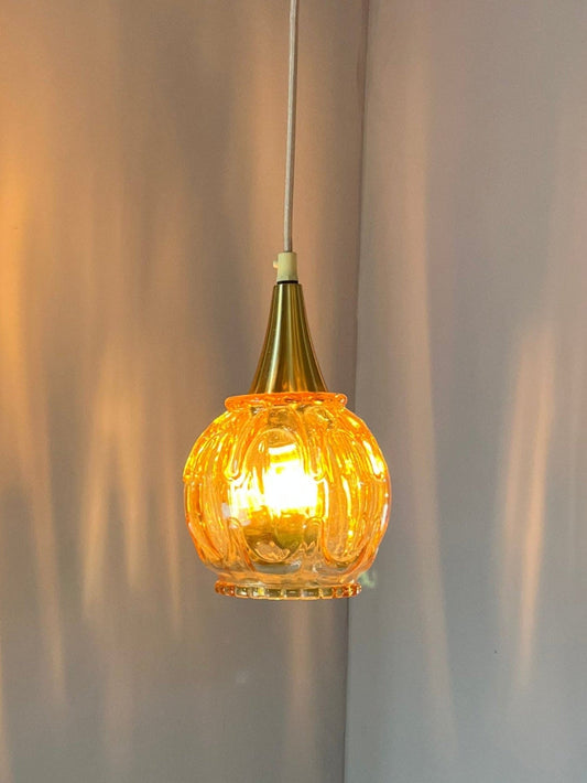 Lampe suspendue vintage en verre jaune doré avec laiton