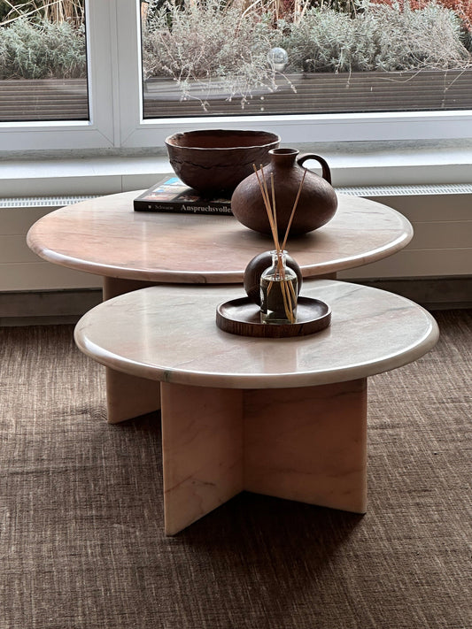 Vintage side table pink Portogallo marble round set of 2