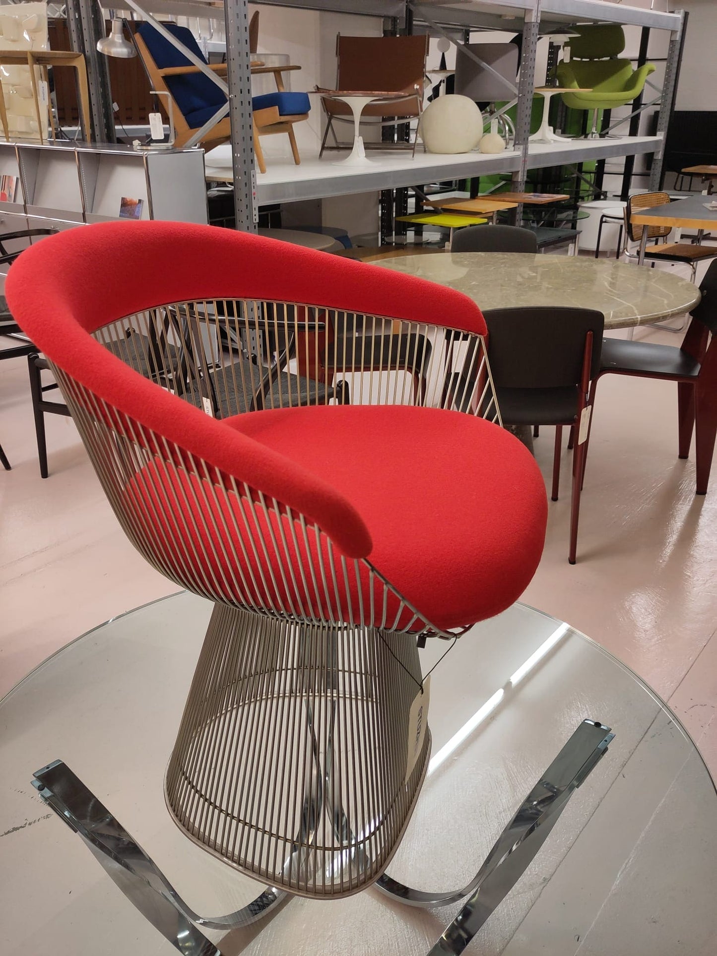 Fauteuil Vintage Platner de Warren Platner pour Knoll International rouge chrome