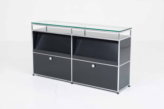 Vintage Sideboard Glasplatte von USM Graphitschwarz