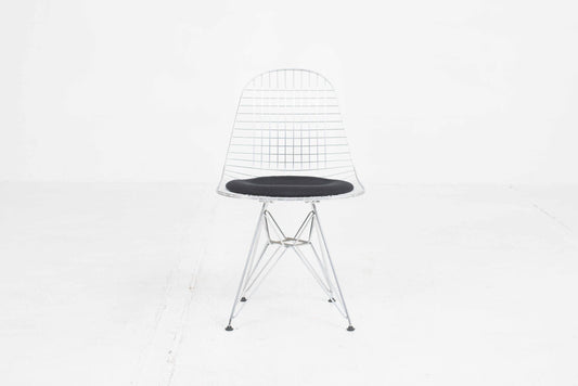 Vintage Wire Chair by Charles Eames for Vitra with black fabric seat cushion