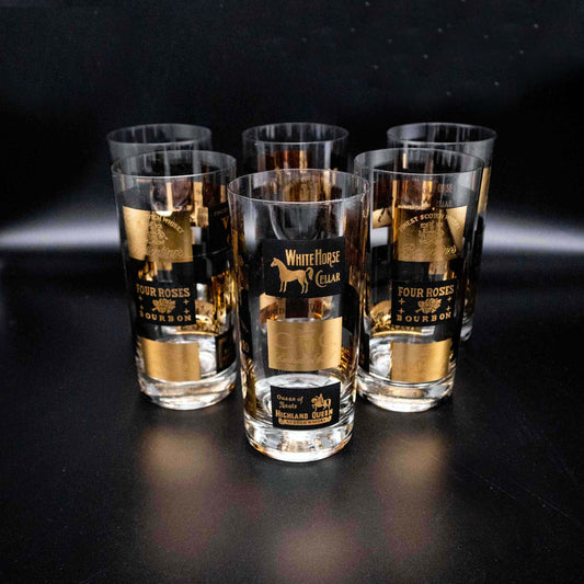 Vintage Longdrinkglas Set von 6 mit Schwarz Gold Spirituosen Dekor
