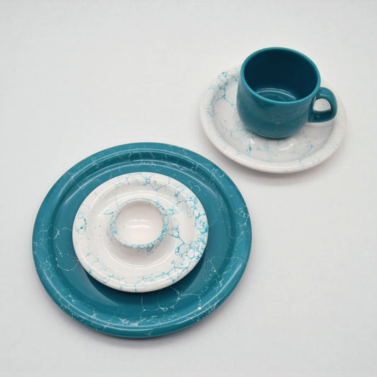 Vintage tableware service from Waechtersbach turquoise, white ceramic 24 pieces.