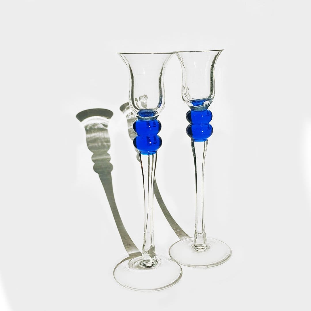 Bougeoir vintage Boule en verre bleu, transparent