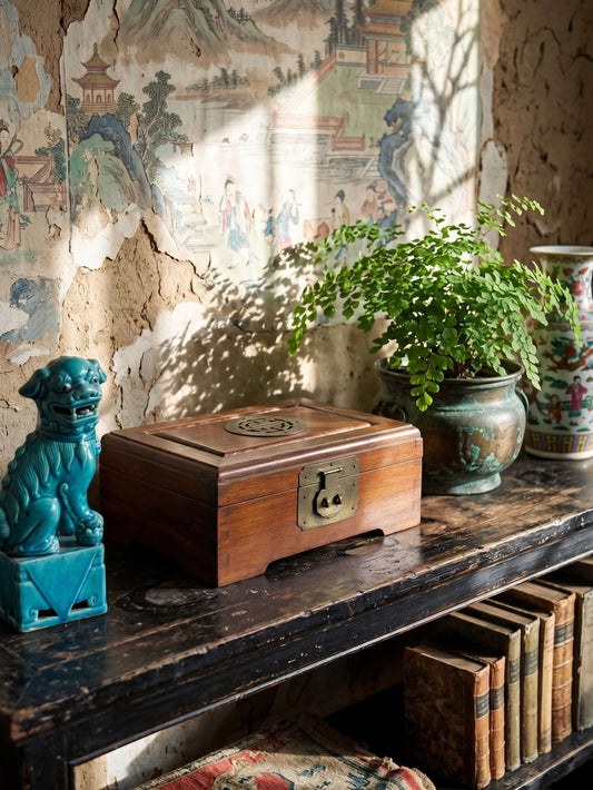 Vintage Schmuckdose Holz China mit Shou-Dekor in Kupfer