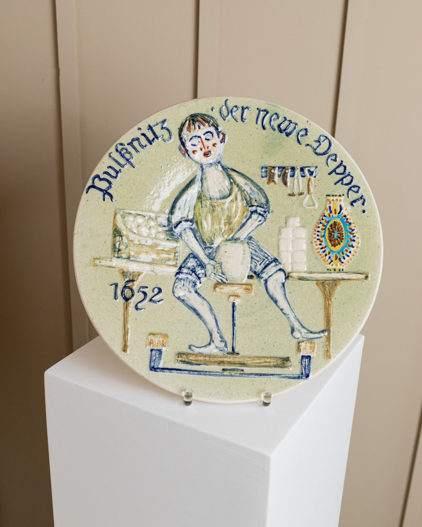 Vintage Wandteller Keramik von Werner Schmidt blau naives Motiv 1970er