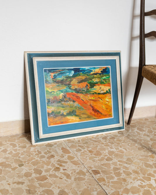 Vintage Oil Painting Landscape Motif Wooden Frame Italy 1960s