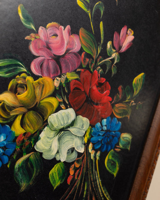 Vintage painting bouquet dramatic colors wooden frame Italy 1960s