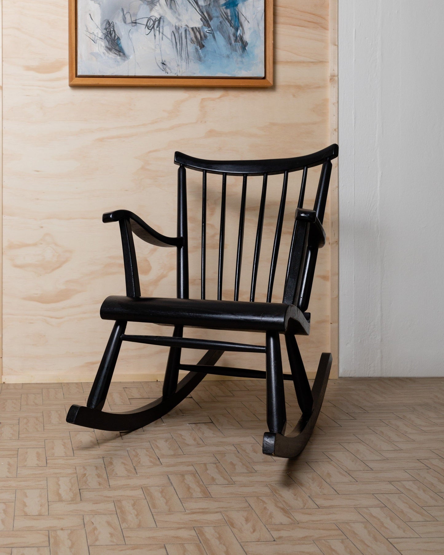 Vintage rocking chair by Ilmari Lappalainen for Asko black wood 1960s