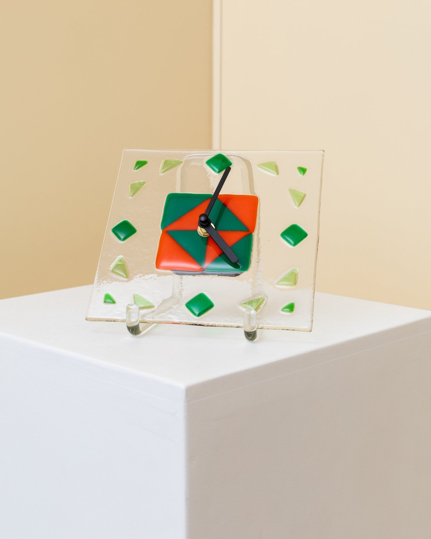 Vintage Wall Clock Glass Green and Orange Murano Memphis Design 1980s