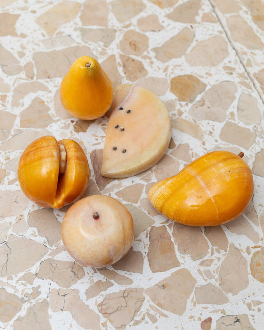 Vintage Alabaster Fruit Yellow Handmade Mid Century Design Italy Set of 5